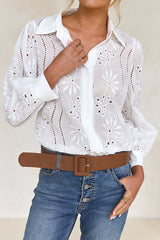 Fashion Hollow Puff Sleeve Casual Lapel Loose Shirt