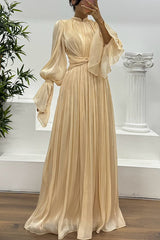 Ellah Shiny Fabric Chinese Stand Collar Twist Waist Balloon Sleeve Maxi Dress