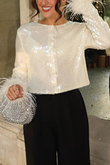 Cocktails First Sequin Button Up Long Sleeve Feather Cuff Party Top
