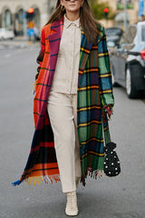 Fashionable Color-block Plaid Print Lapel Long-sleeved Casual Long Coat