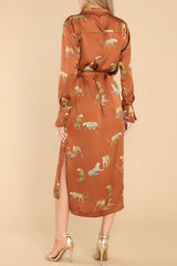 Going Wild Satin Leopard Print Button Down Long Sleeve Midi Dress