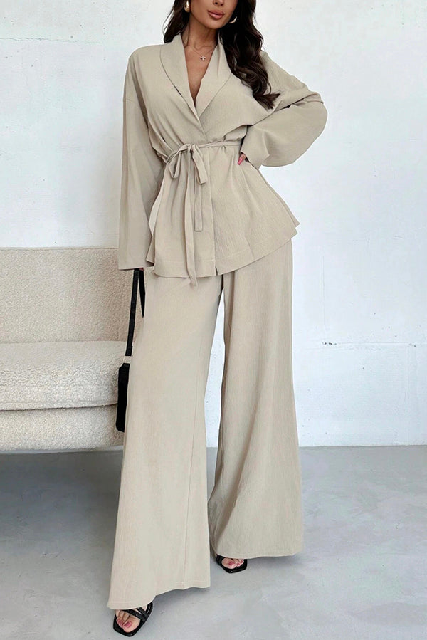 Solid Color Collared Long-sleeved Tie-wst Loose Top and Elastic Wst Casual Wide-leg Pants Set
