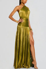 Glamorous Metallic Pleated Fabric Open Back Halter Slit Maxi Dress