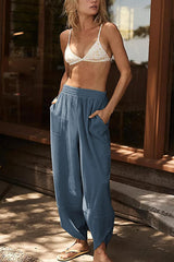 Solid Color Casual Elastic Waistband Wide-leg Pants