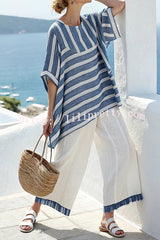 Linen Blend Unique Print Half Sleeve Top and Elastic Waist Pocket Loose Pants Set