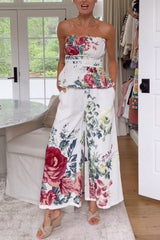 In To The Summer Linen Blend Floral Print Elastic Bandeau and Elastic Waist Pocket Loose Pants Set