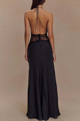 Seductive Details Satin Lace Waist Halter Tie-up Backless Maxi Dress