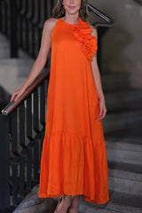 Solid Color Sleeveless Ruffled Casual Stitching Maxi Dress