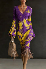 Unique Printed V-neck Long-sleeved Elegant Tassel Hem Midi Dress