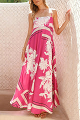 Botanical Print Halter Square Neck Pleated Loose Maxi Dress