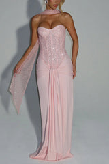 Carina Sequined and Satin Jersey Off Shoulder Ruched Knot Drape Maxi Dress