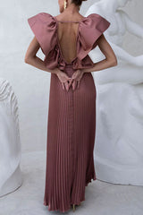 Merry and Bright Satin Deep V-neck Dramatic Ruffled Sleeve Pleated Maxi Dress