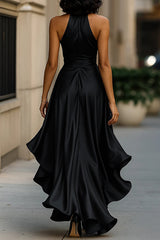 Solid Color Satin V-neck Sleeveless Elegant Ruffle Maxi Dress