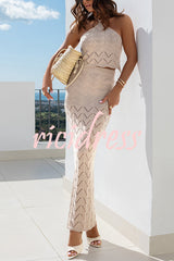 Solid Knit Hollow Halter Top and Stretch Fit Maxi Skirt Set