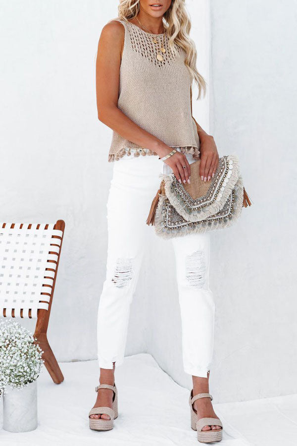 Solid Color Se Hollow Fringed Sweater