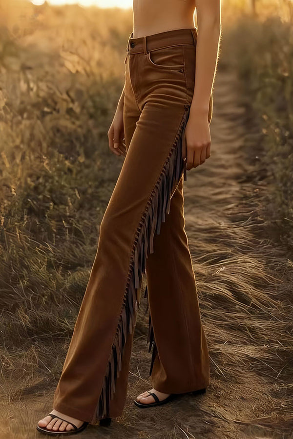 Stylish Suede High-wsted Fringed Casual Flared Pants