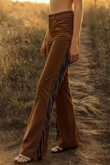 Stylish Suede High-wsted Fringed Casual Flared Pants