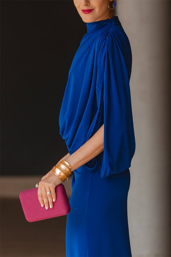 Royal Blue High Neck Asymmetrical Cutout Sleeve Drape Maxi Dress