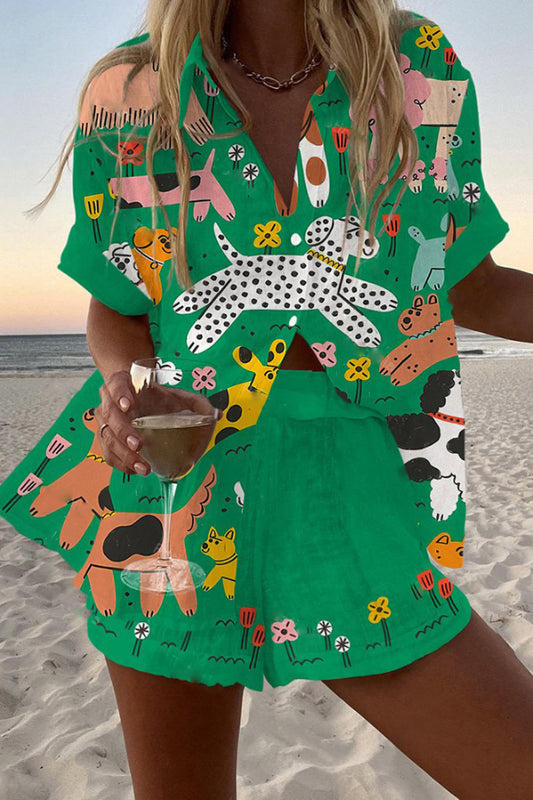 Dog Paradise Print Loose Button Elastic Waist Shorts Set