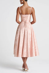 Palace Style Jacquard Fabric Backless Tie Slim Midi Dress