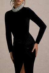 Love Lost Velvet Embellished High Neck Long Sleeve Twist Slit Maxi Dress