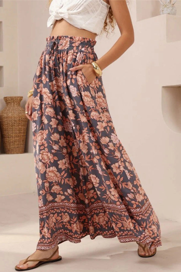 Floral Print Casual Elastic Waist Pocket Loose Wide-leg Pants