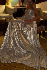 Night Elf Metallic Fabric Pleated Off Shoulder Twist Bust Slit Maxi Dress