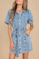 All about Love Light Wash Denim Pocketed Belt Mini Dress
