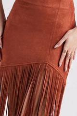 Stylish Tassel Hem Slim-fit Suede Casual Midi Skirt