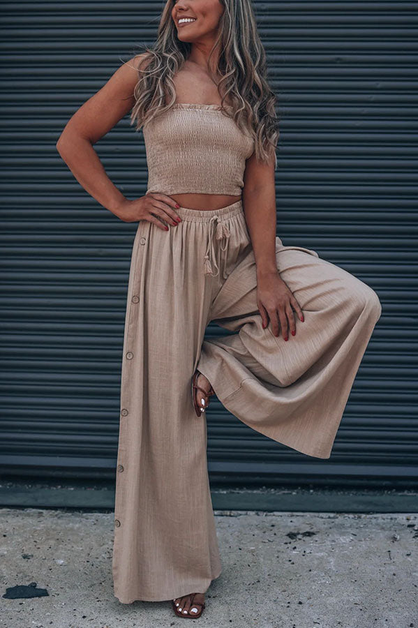 Coast To Coast Smocked Top Button Wide Leg Pants Suit