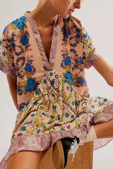 Bohemian Printed Casual Short Sleeve Ruffled Mini Dress