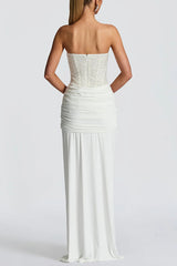 Carina Sequined and Satin Jersey Off Shoulder Ruched Knot Drape Maxi Dress