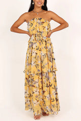 Sweet and Charming Printed Strapless Drop Tiered Ruffle Maxi Dress