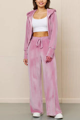 Solid Color Velvet Hooded Zip-up Sweatshirt and Elastic Waist Casual Pocket Straight-leg Pants Set