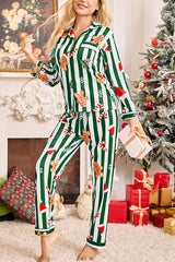 Color-blocked Striped Christmas Print Casual Long-sleeved Shirt and Elastic Waist Pants Set