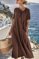 Solid Color Casual Short-sleeved Tie Round Neck Loose Pocket Mid-length Dress