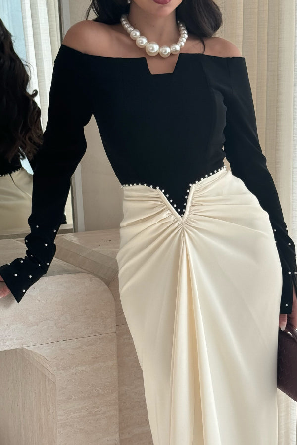 Stylish Pearl-embellished Elegant Off-shoulder Long-sleeved Draped Maxi Dress