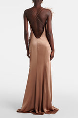 Celebration Night Satin Feather Trim Wrap Tie-up Slit Gown Maxi Dress