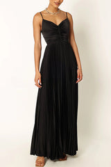 A Dreamy Escape Satin Adjustable Straps Pleated Maxi Dress