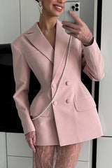 Solid Color Lapel Long Sleeve Waist Double-breasted Blazer