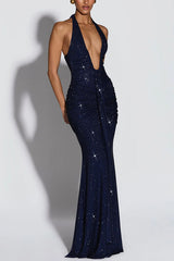 Rosetta Sequin Deep U-neck Ruched Hip Draped Panel Halter Maxi Dress