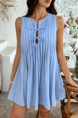 Solid Color Sleeveless Tie Pleated Casual Mini Dress