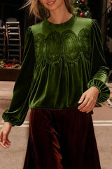 Fashionable Velvet and Lace Patchwork Loose Long-sleeved Top