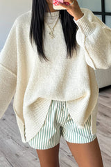 Solid Color Loose Long-sleeved Round Neck Knitted Split Sweater