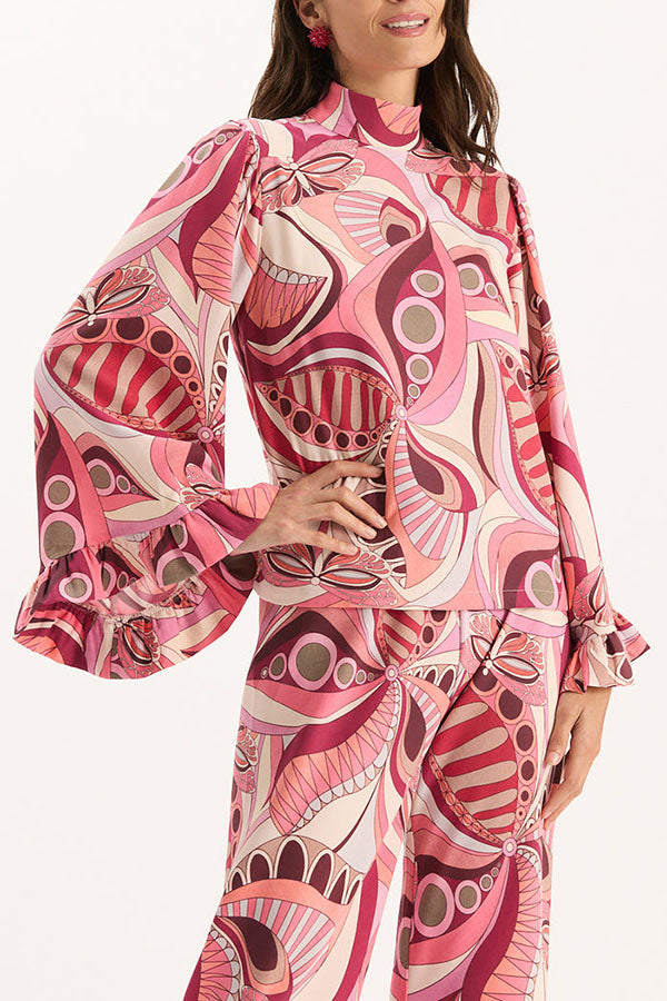 Sarah Unique Print High Neck Ruffle Bell Sleeve Top and Elastic Waist Pocket Loose Pants Set