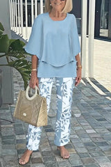 Fashion Round Neck Half Sleeve Loose Top and Elastic Waist Casual Straight Pants Set