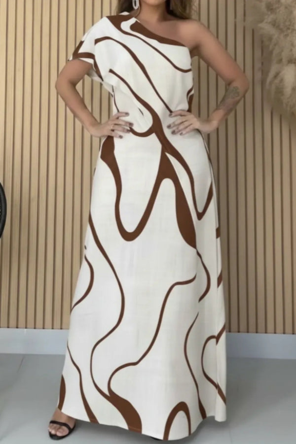 Unique Printed One-Shoulder Short-Sleeve Casual Maxi Dress
