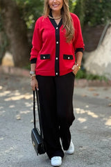 Stylish Color-blocked V-neck Knitted Button-down Cardigan and Elastic Waist Casual Wide-leg Pants Set