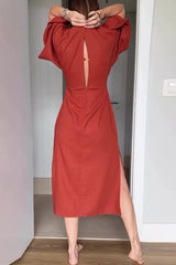 Solid Color V-neck Half-sleeve Casual Waist-tied Midi Dress