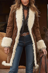 Stylish Suede and Plush Patchwork Loose-fitting Long-sleeved Mid-length Coat